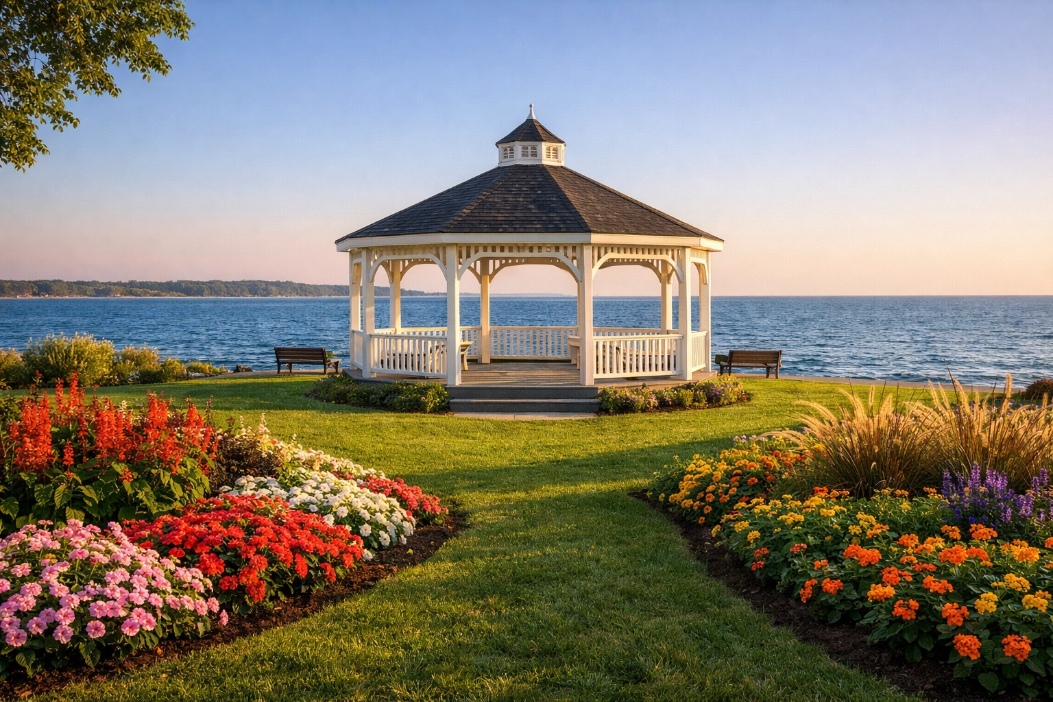 The iconic white gazebo at Queen’s Royal Park overlooking Lake Ontario in Niagara-on-the-Lake.