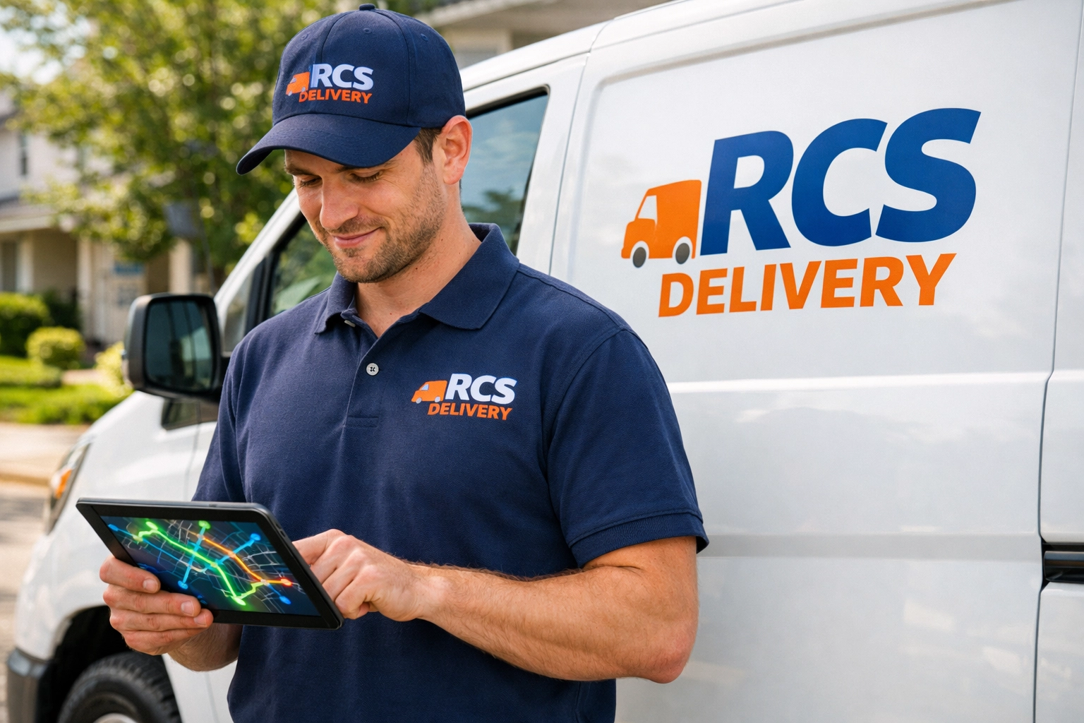 RCS Delivery courier using a route optimization tablet for same day delivery service.
