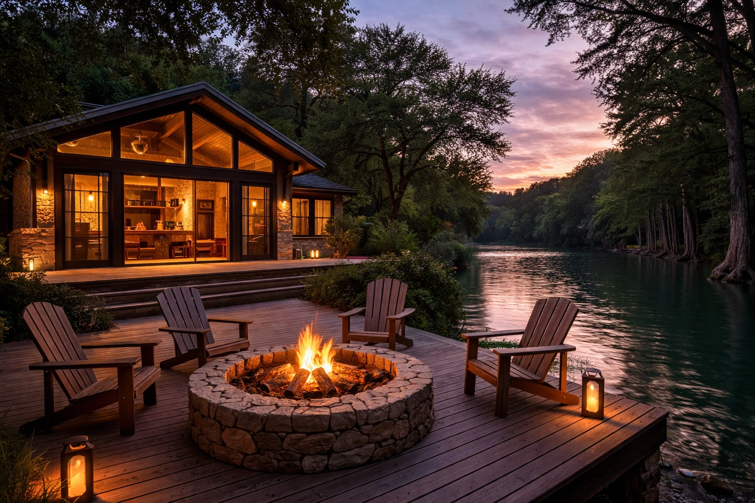 Luxury riverfront vacation rental cabin with fire pit overlooking the Guadalupe River at twilight