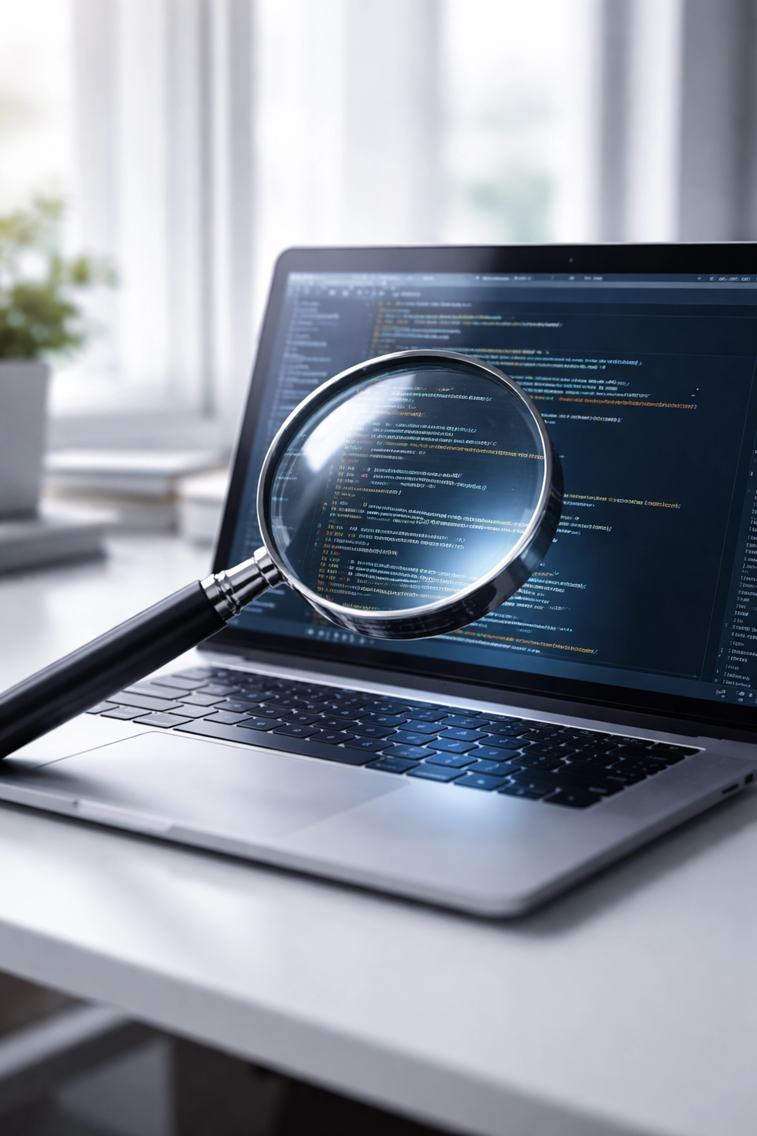 Magnifying glass inspecting laptop screen, illustrating detailed schema audits for technical SEO