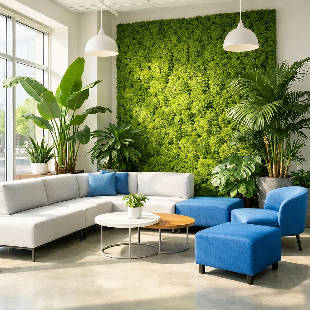 Eco-friendly office lounge with clean floors and plants, highlighting green commercial cleaning services.