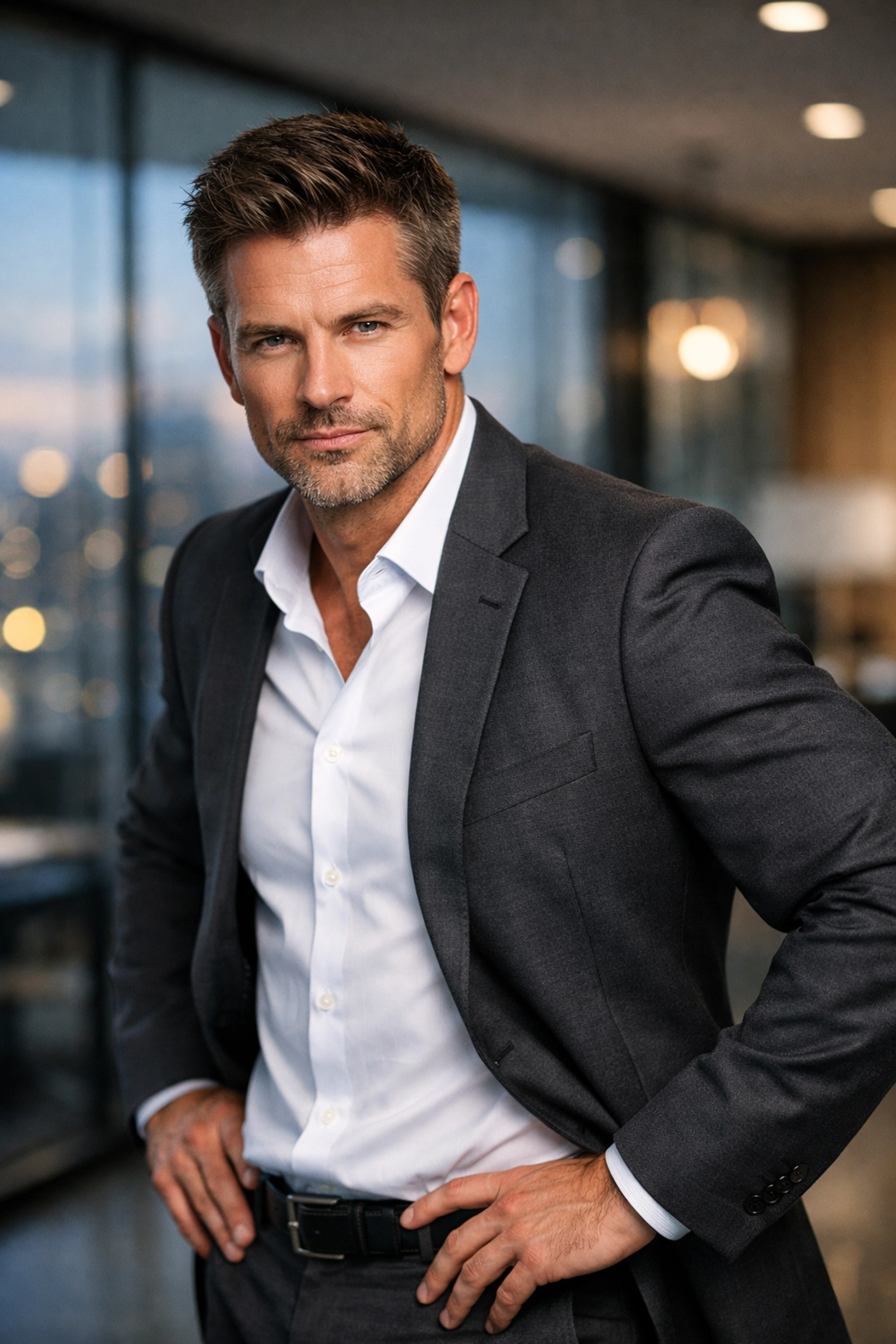 How to prepare for a headshot session by posing for the best lighting for executive portraits in a modern office.