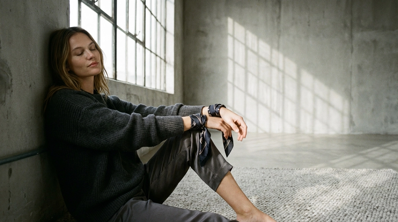 Female submissive, calm surrender: a woman resting against a concrete wall with a silk restraint detail, intimate and editorial