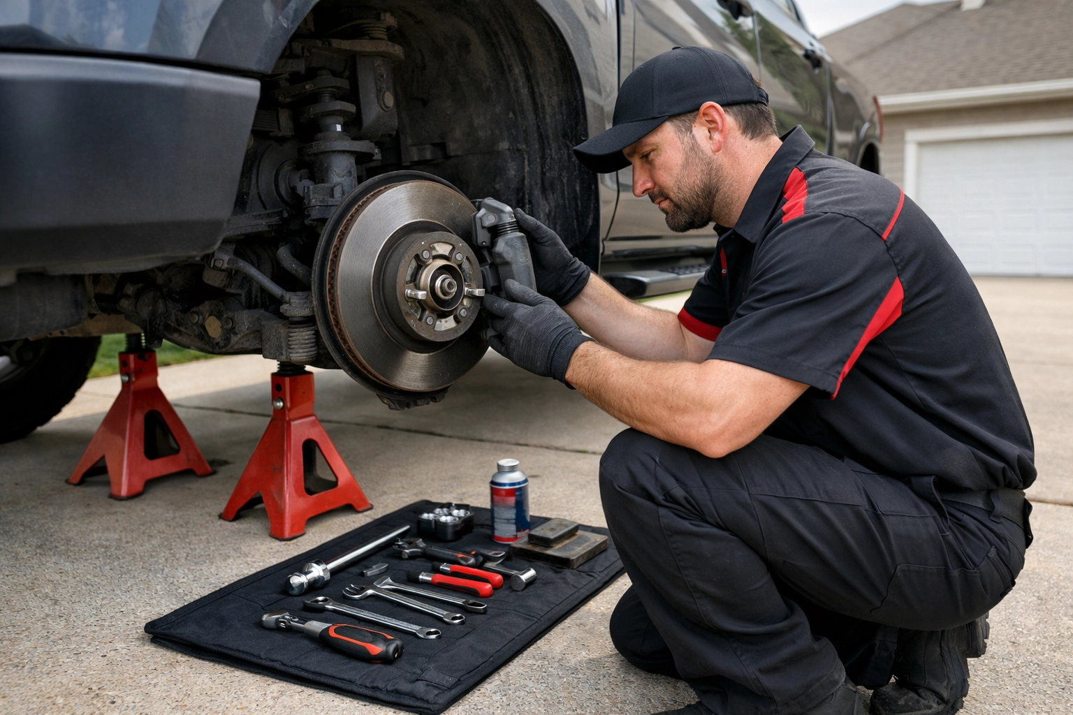 Mobile mechanic performing brake inspection in residential driveway in Green Bay Wisconsin