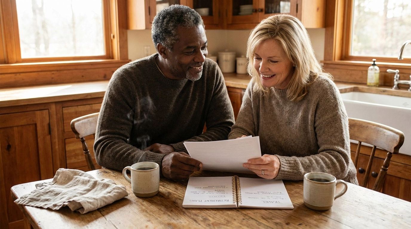 A high-contrast photograph of a middle-aged couple sitting together at a rustic wooden kitchen table, reviewing financial documents with warm morning light streaming through a nearby window. The mood is contemplative yet hopeful. Rich warm tones of amber and golden brown fill the scene. A steaming cup of coffee sits beside them, and a calendar or planner is visible on the table. The perspective is slightly elevated, capturing both their focused expressions and the cozy domestic setting. Natural lighting creates soft shadows, evoking a sense of authenticity and the importance of planning for the future together.