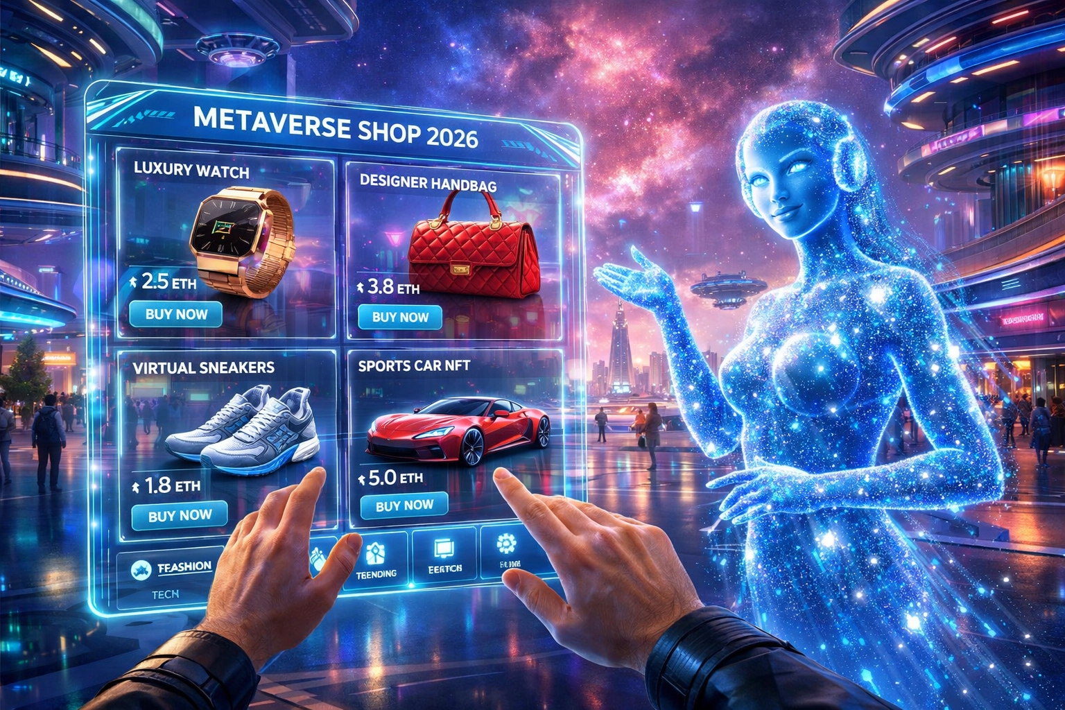 An AI shopping assistant guiding a user through a vibrant Metaverse marketplace using Larecoin payments.