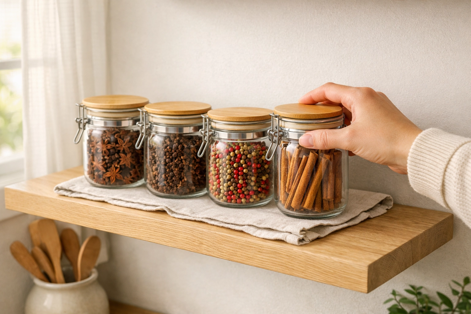 Whole spices like cinnamon and cloves stored in airtight glass jars on a kitchen shelf.