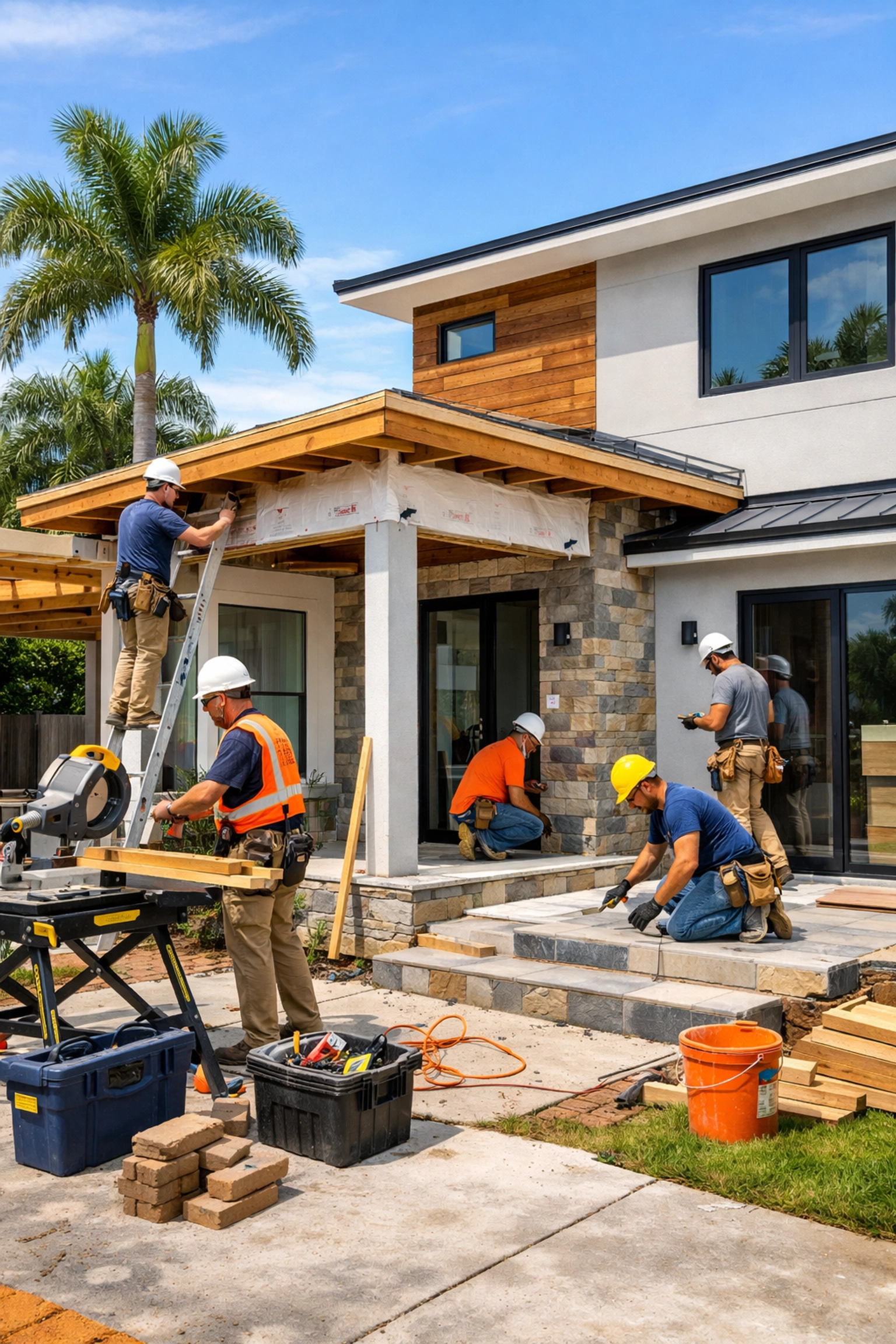 Orlando home exterior renovation with professional remodeling contractors at work