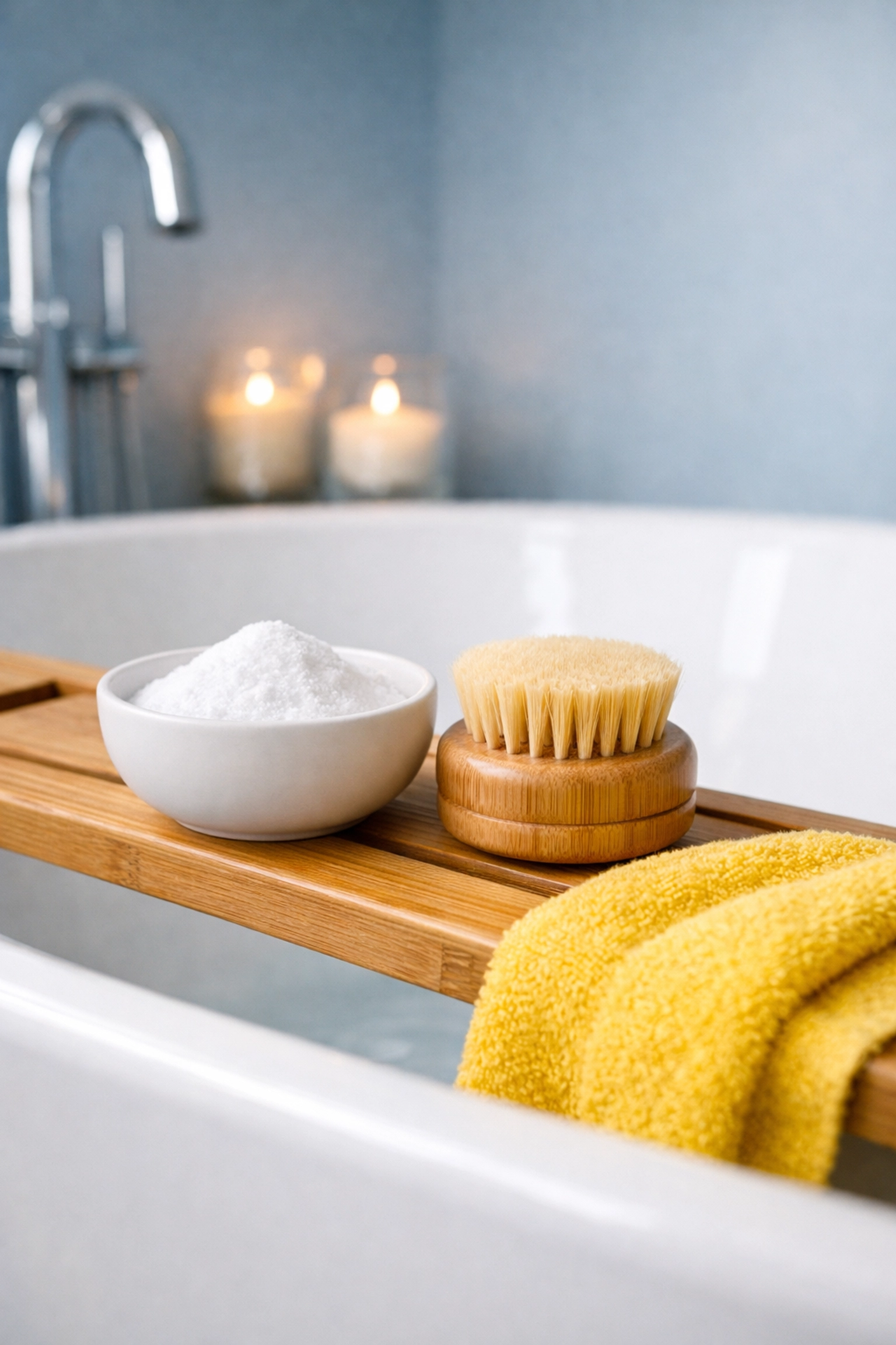 Eco-friendly bathroom cleaning with baking soda in a bowl and a bamboo scrub brush by a soaking tub