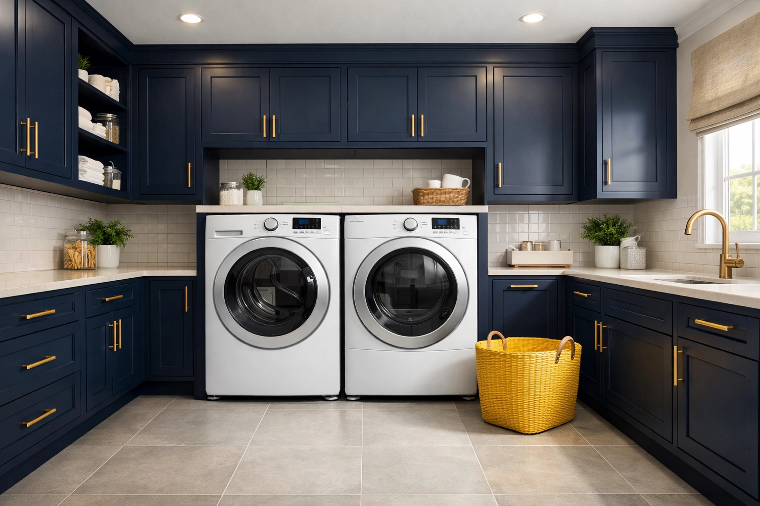 Modern designer laundry room with a clean white washer and dryer suite and navy blue cabinetry.