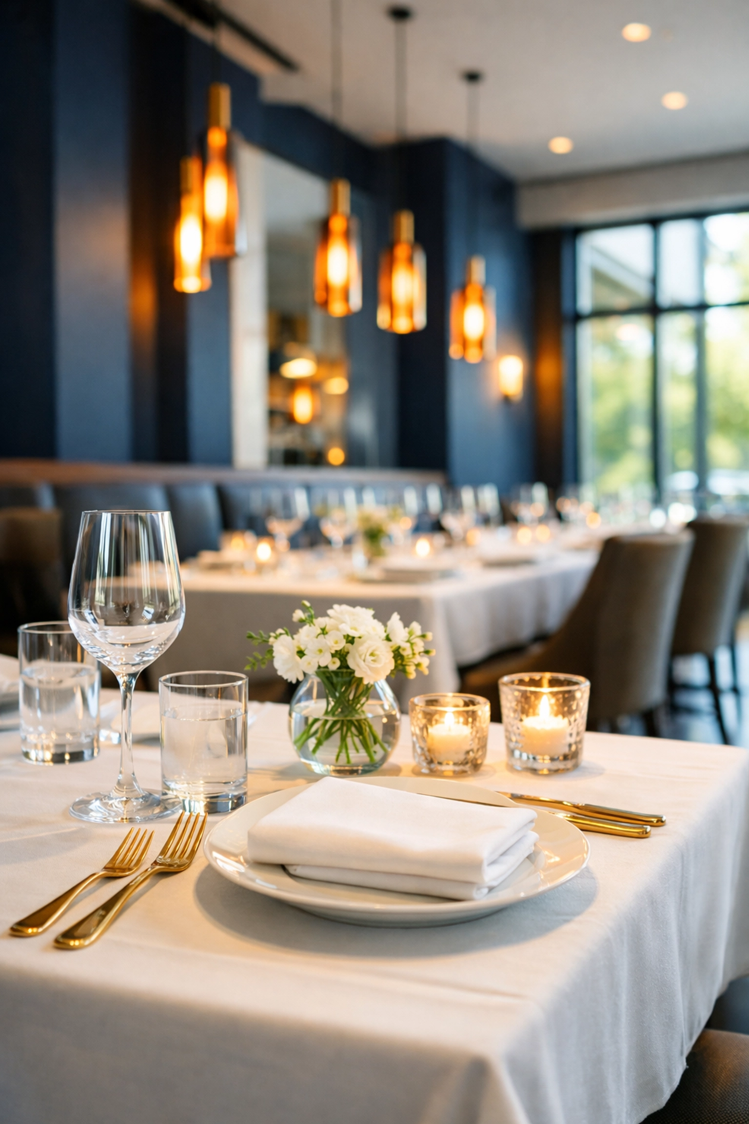 Elegant table setting at a luxury restaurant in Hamilton Mill, showcasing the Mulberry GA lifestyle.