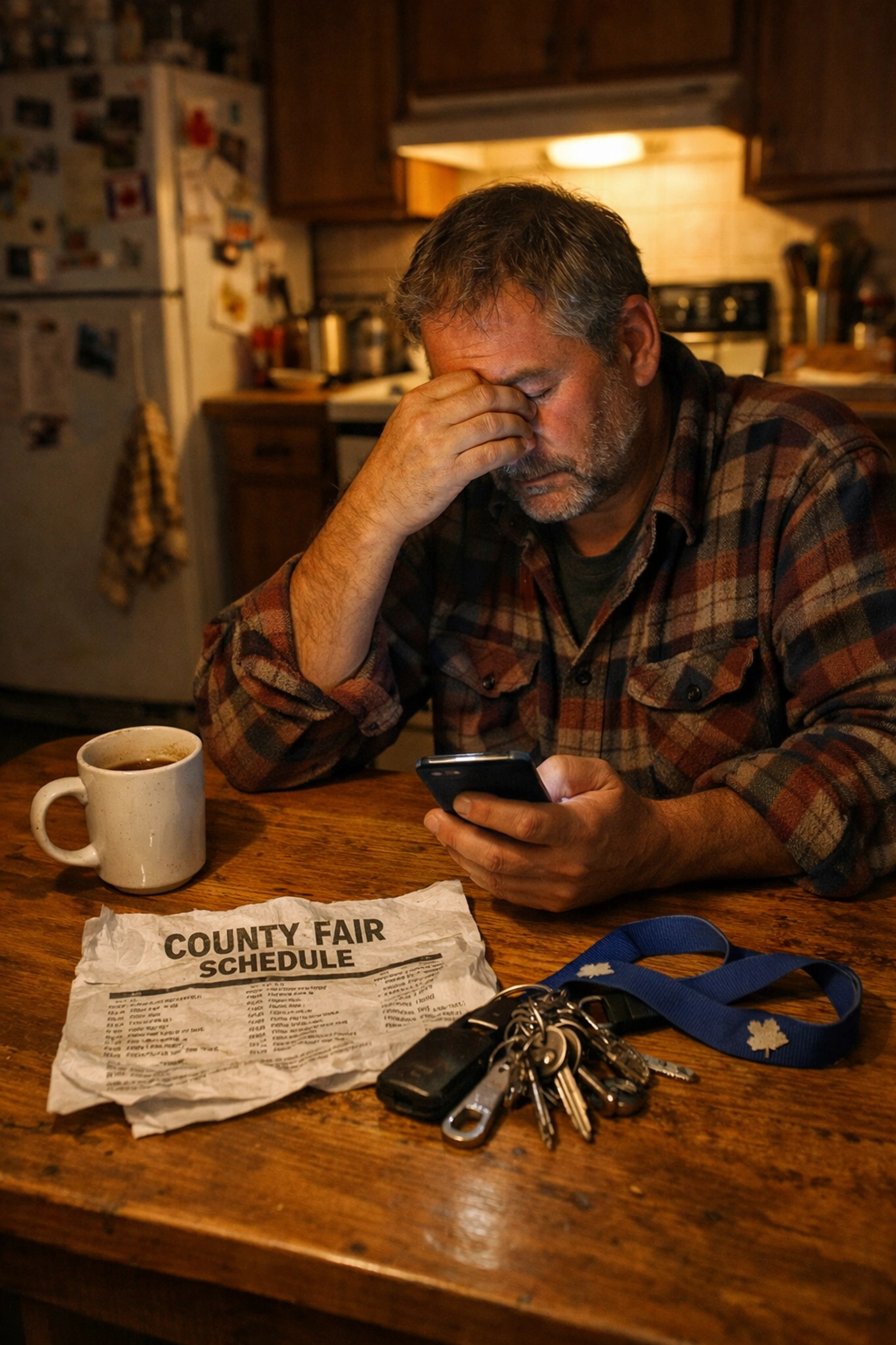 Exhausted agricultural fair volunteer checking social media on a smartphone at night.