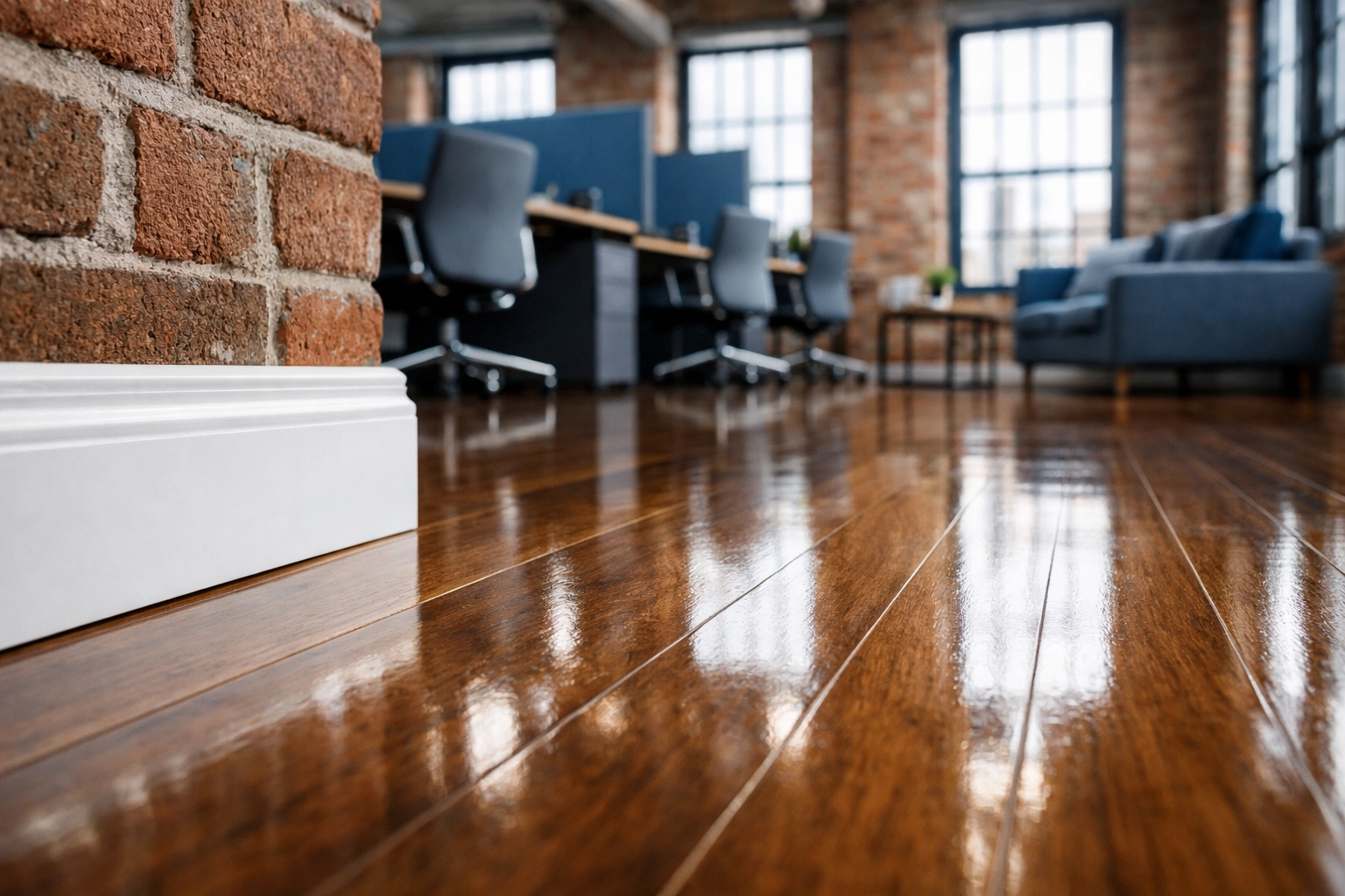 A spotless Worcester MA office with polished hardwood floors after a professional deep cleaning service.