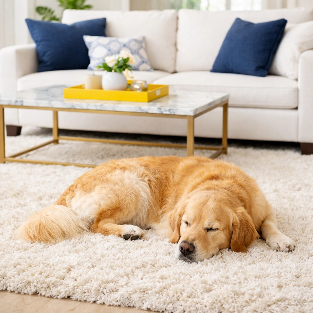 A clean cream plush rug in a pet-friendly home with a Golden Retriever resting in a modern living room.