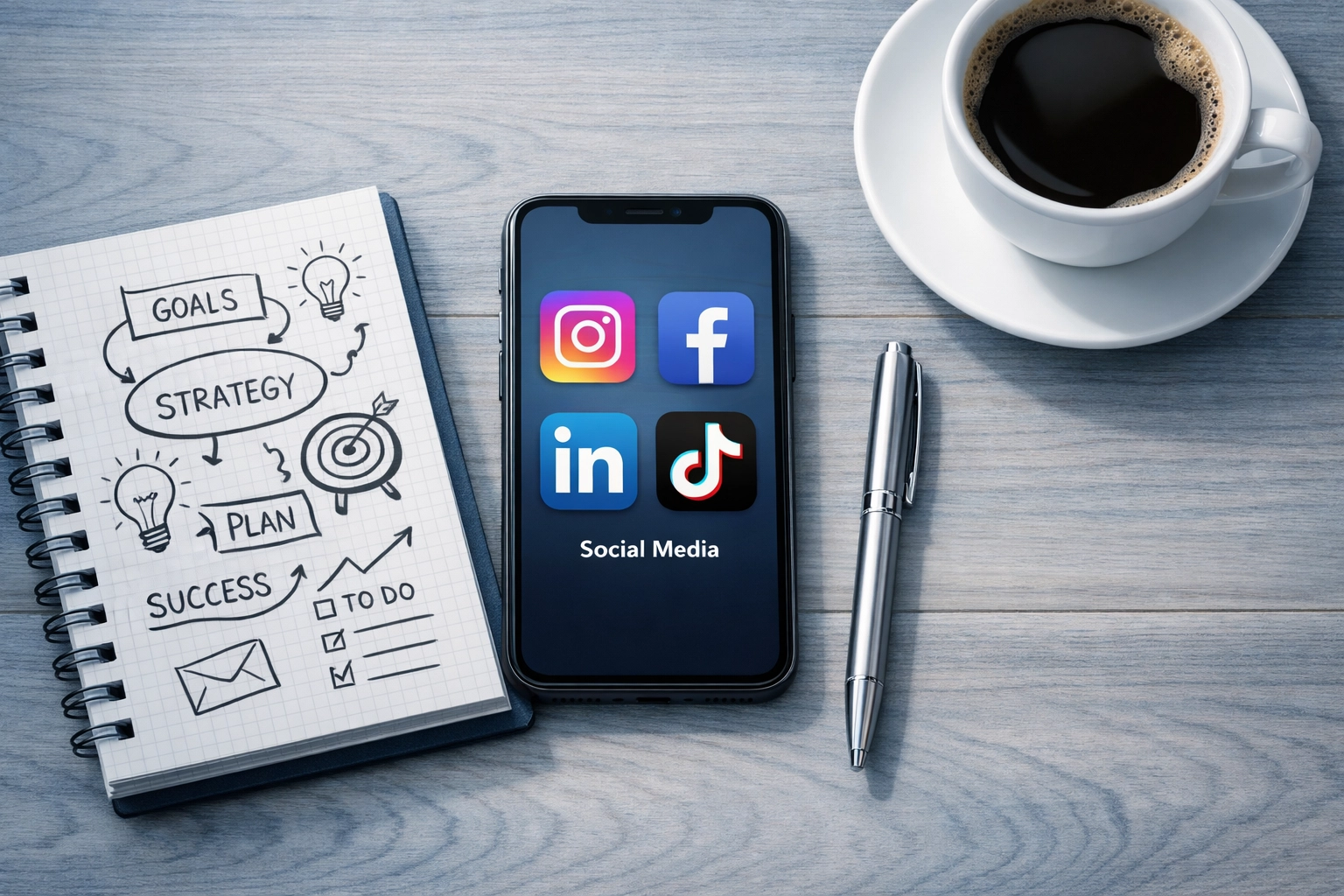 Social media strategy planning workspace with smartphone and notebook for small business