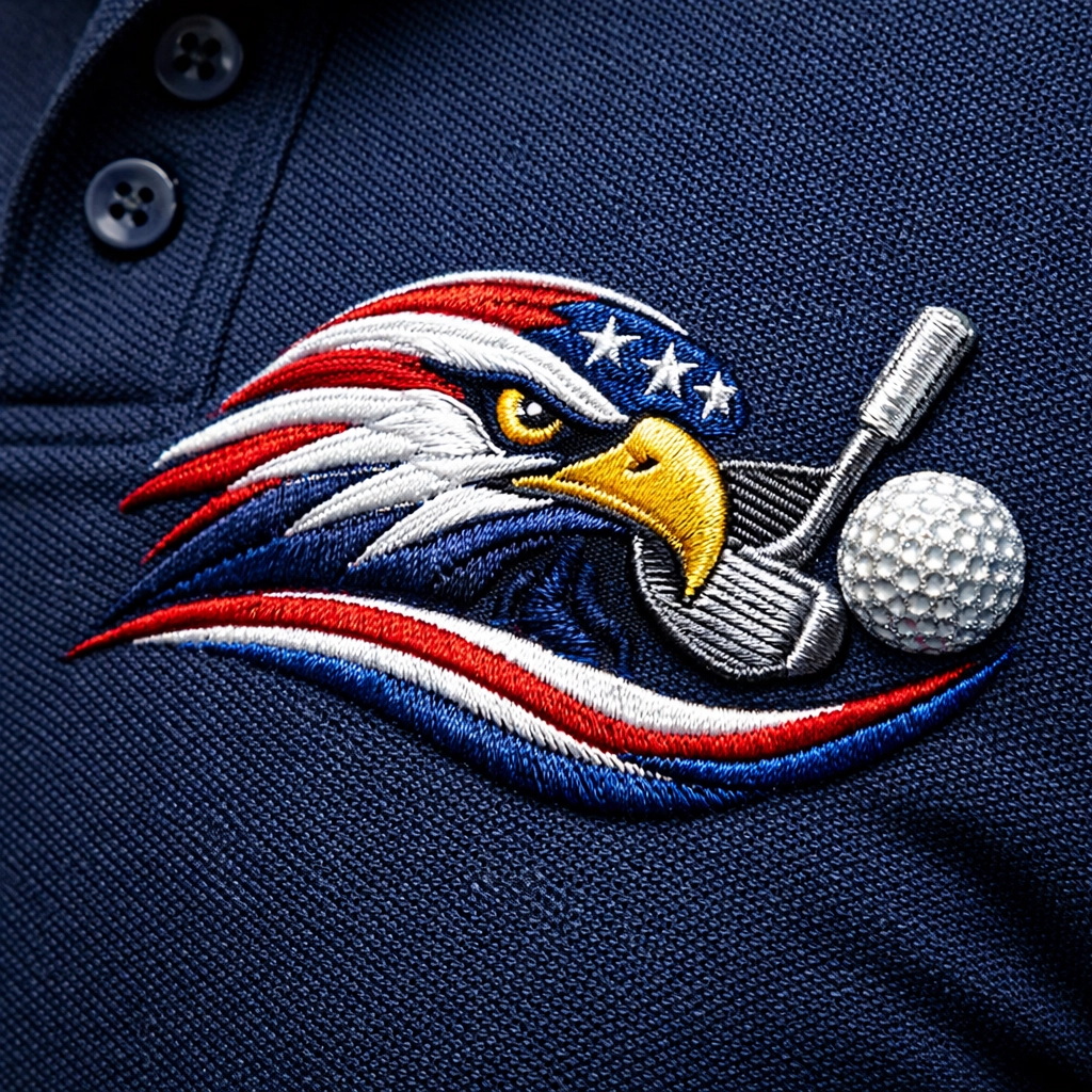 Professional navy blue polo shirt with high-quality custom embroidery for business uniforms.