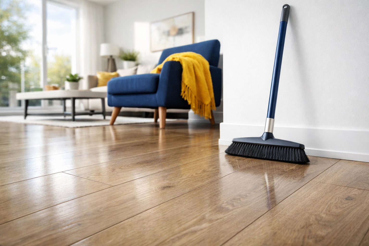 Soft-bristled broom on clean wide-plank laminate flooring to prevent scratches and maintain shine.