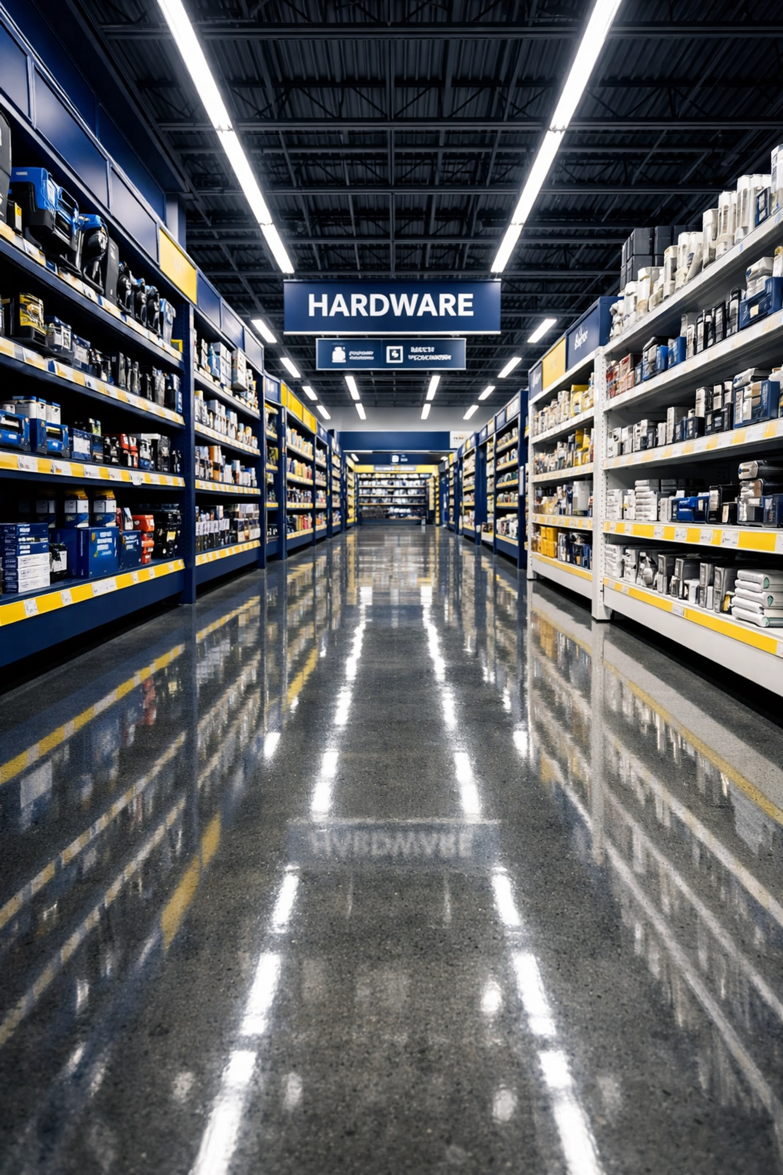 Professionally cleaned polished concrete floors in a high-traffic Fitchburg hardware store aisle.