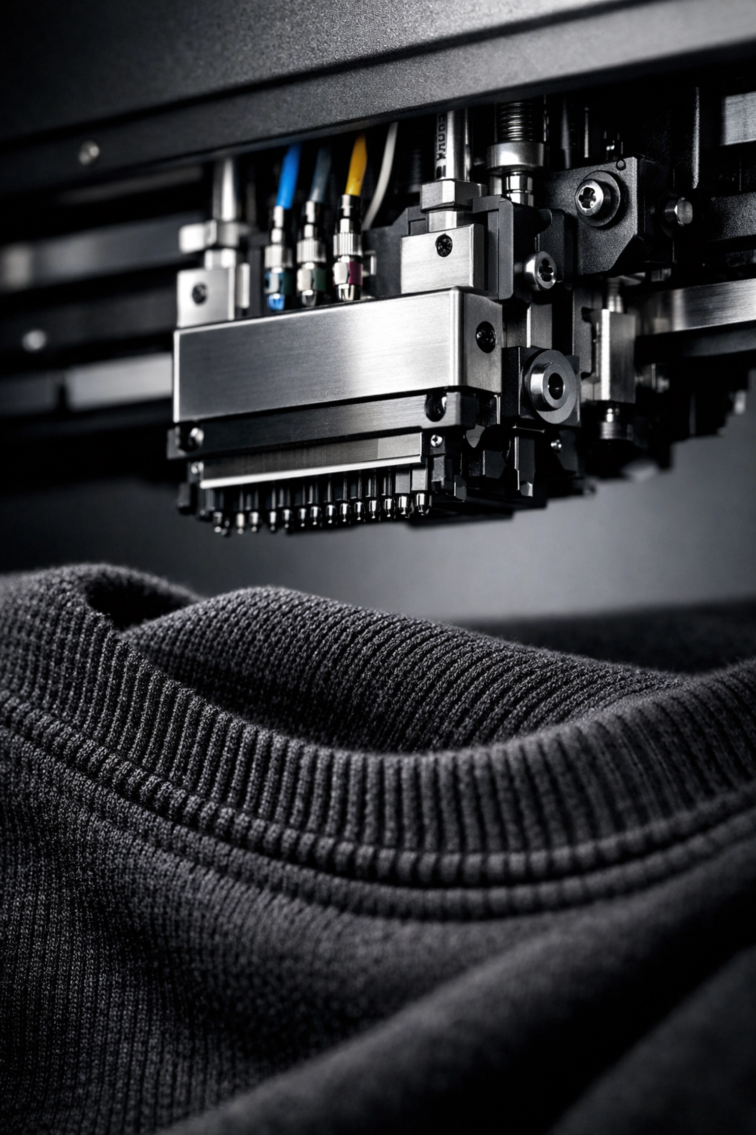 Precision digital printing head on black cotton fabric for high-quality custom apparel.