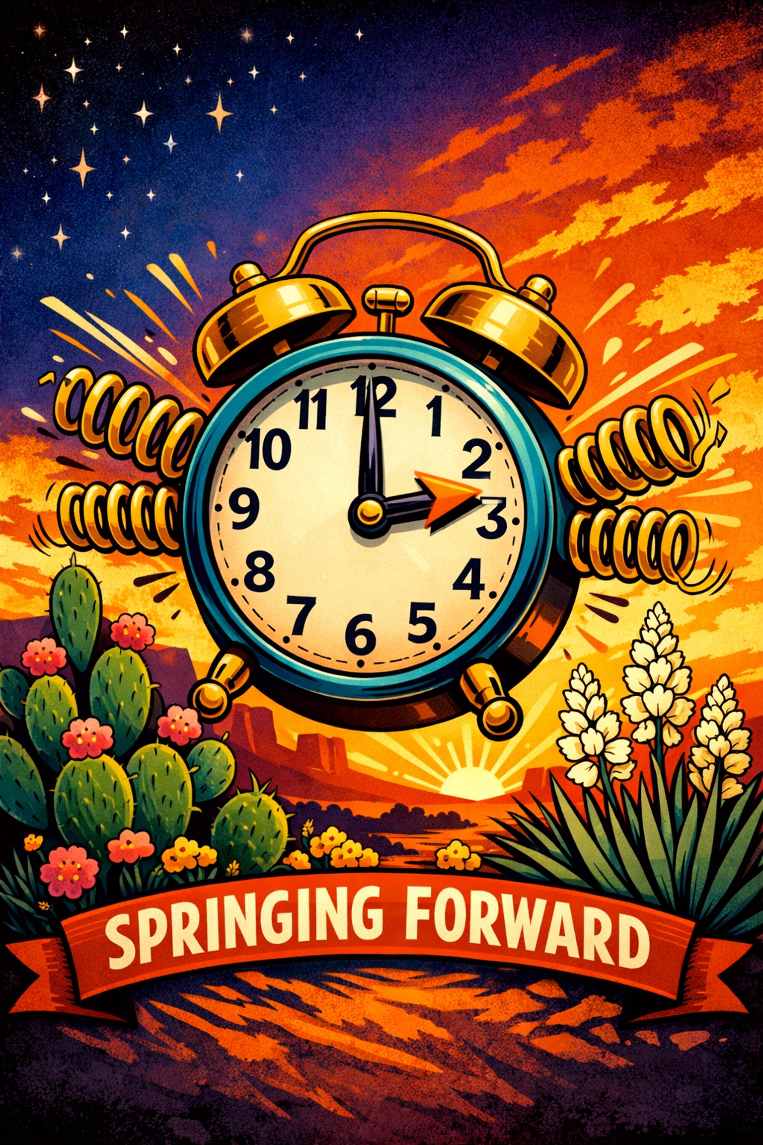 Illustration of an alarm clock springing forward for Albuquerque Daylight Saving Time.