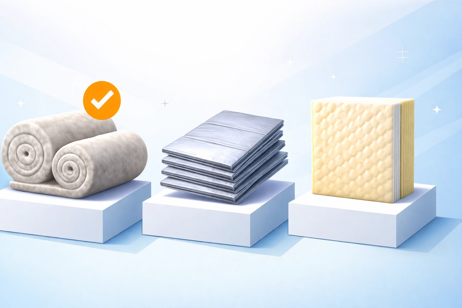 Comparison display of mineral wool, multifoil, and spray foam insulation options for lofts, helping homeowners choose the right material.