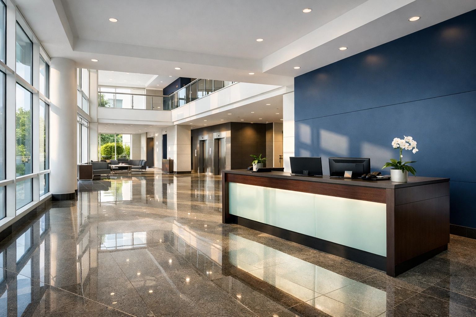 Clean corporate lobby in North Reading with polished floors reflecting expert facility maintenance.