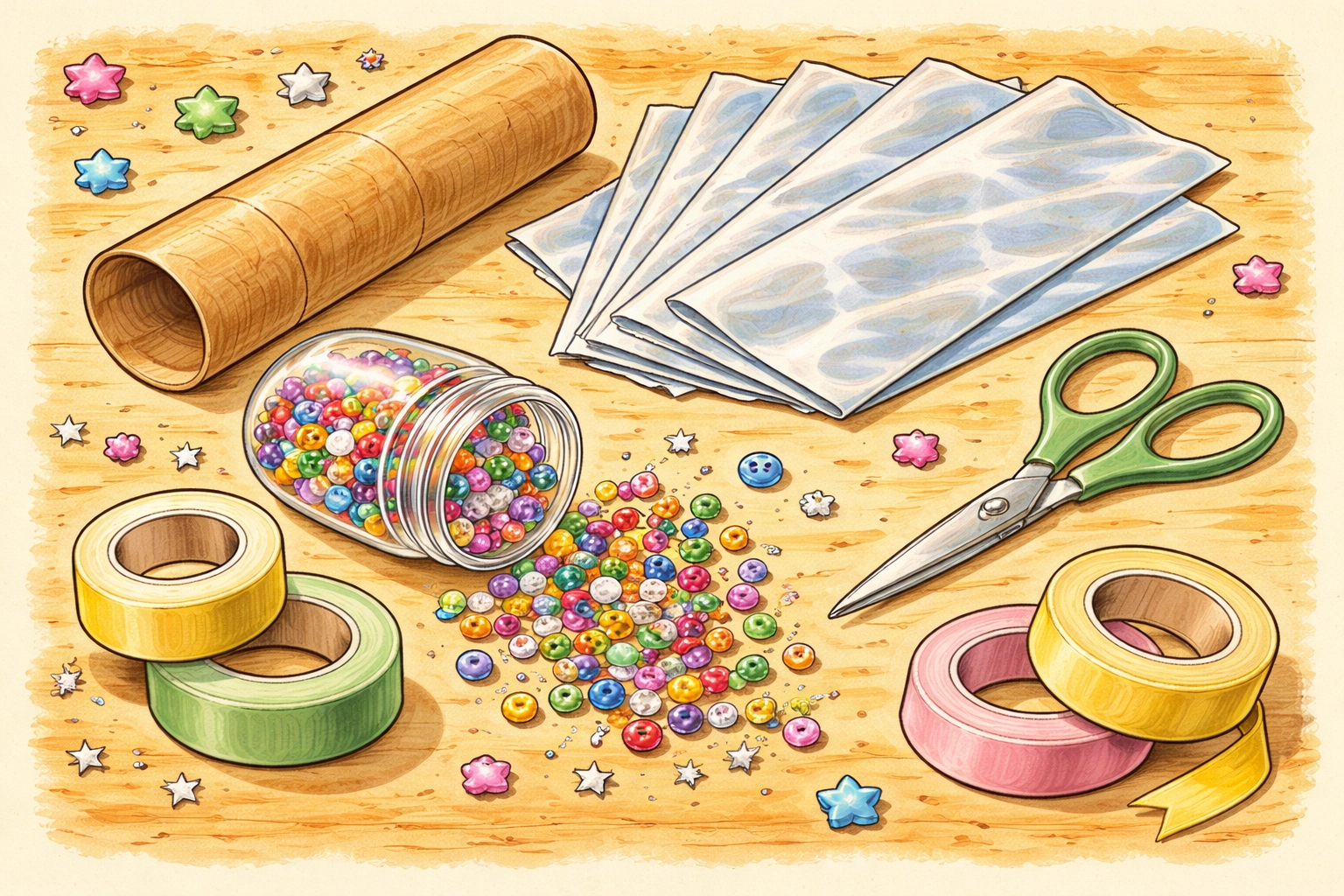 Paper tube kaleidoscope craft supplies including Mylar, beads, sequins, and tape on a table for kids DIY project