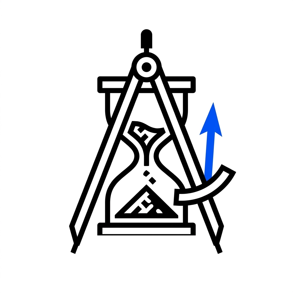 Minimalist, iconographic representation of an hourglass combined with a geometric compass, symbolizing longevity and precision. Bold black lines on a pure white background. A single bright blue accent on the compass needle.