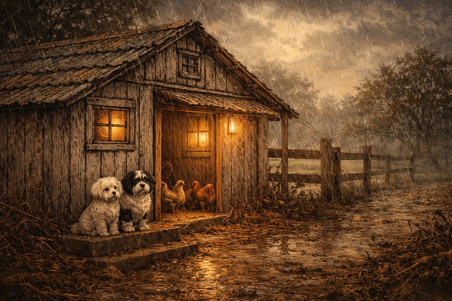 A gentle rain falls over a warmly lit chicken coop as hens huddle close, with Milo (white Maltese) and Panda Bear (black-and-white Shih Tzu) watching calmly, hope and steady care in the hard days.