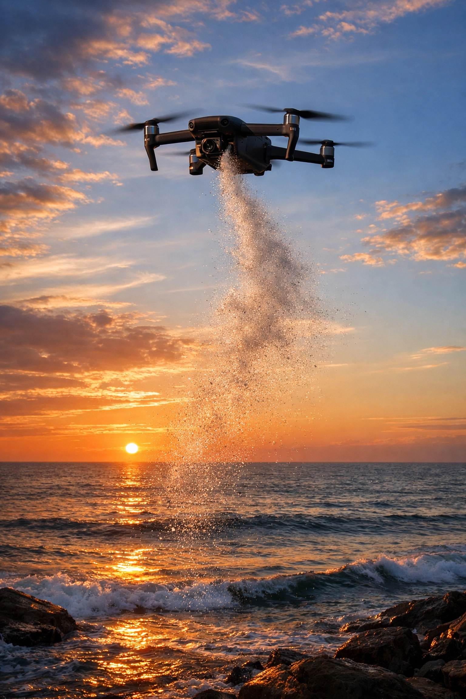 Professional drone ash scattering ceremony over the Atlantic Ocean at Westward Ho! during sunset.