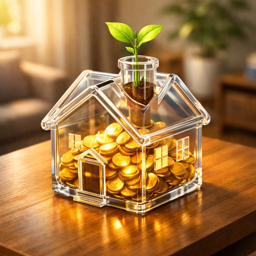 A house-shaped piggy bank with gold coins and a growing plant symbolizing retirement investment growth