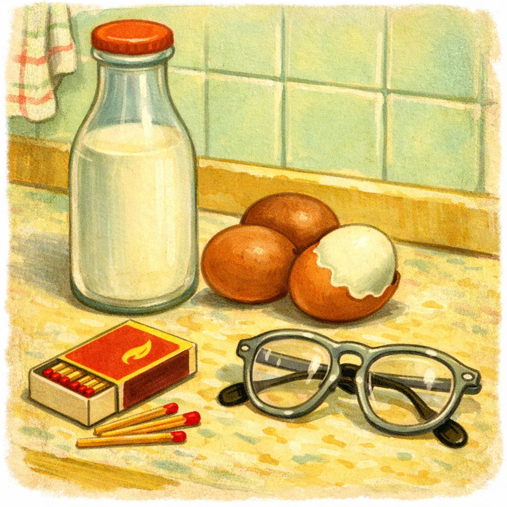Materials for egg in a bottle experiment: glass bottle, hard-boiled eggs, matches, and safety glasses