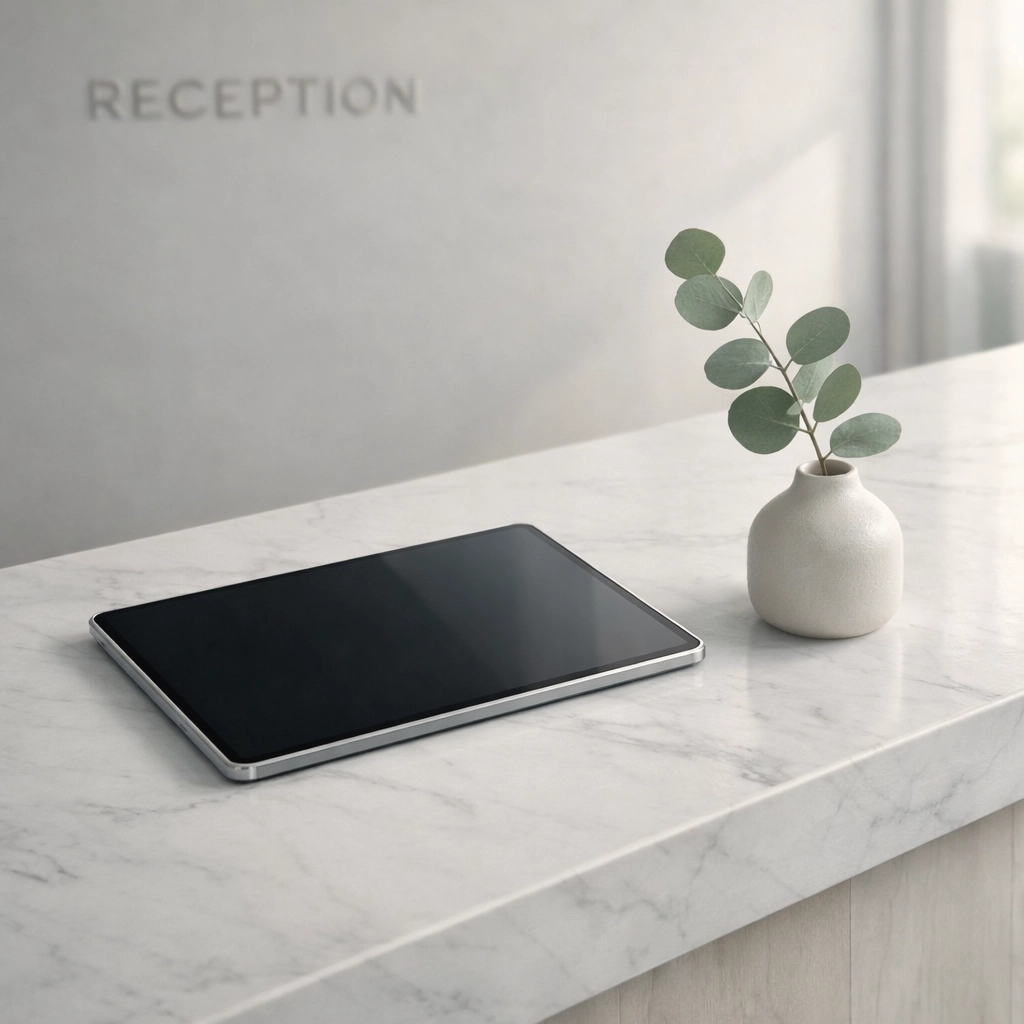 Sleek hotel reception desk with a tablet illustrating AI-powered guest check-in and operational efficiency.
