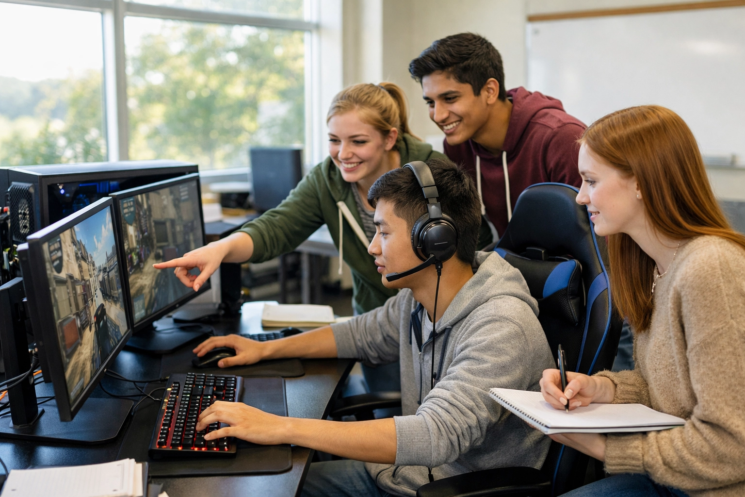 High school students collaborating around esports gaming setup in modern classroom learning environment