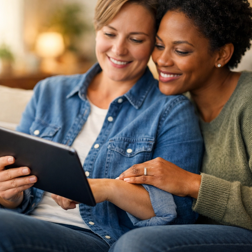 A supportive couple on a sofa using a tablet to secure a no credit check loan Canada online.
