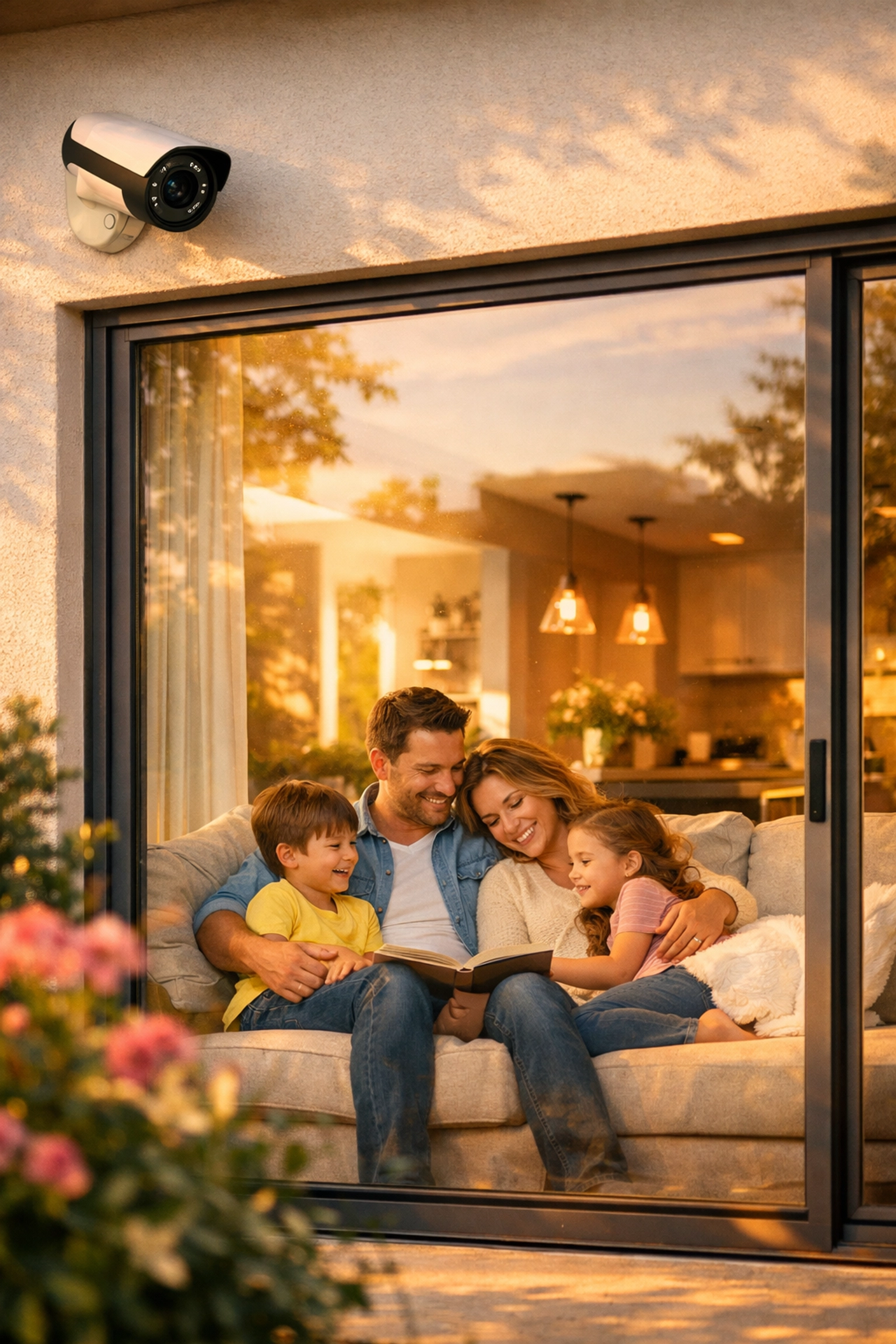 A family relaxing safely at home in Cardiff with a modern outdoor security camera monitoring the garden.
