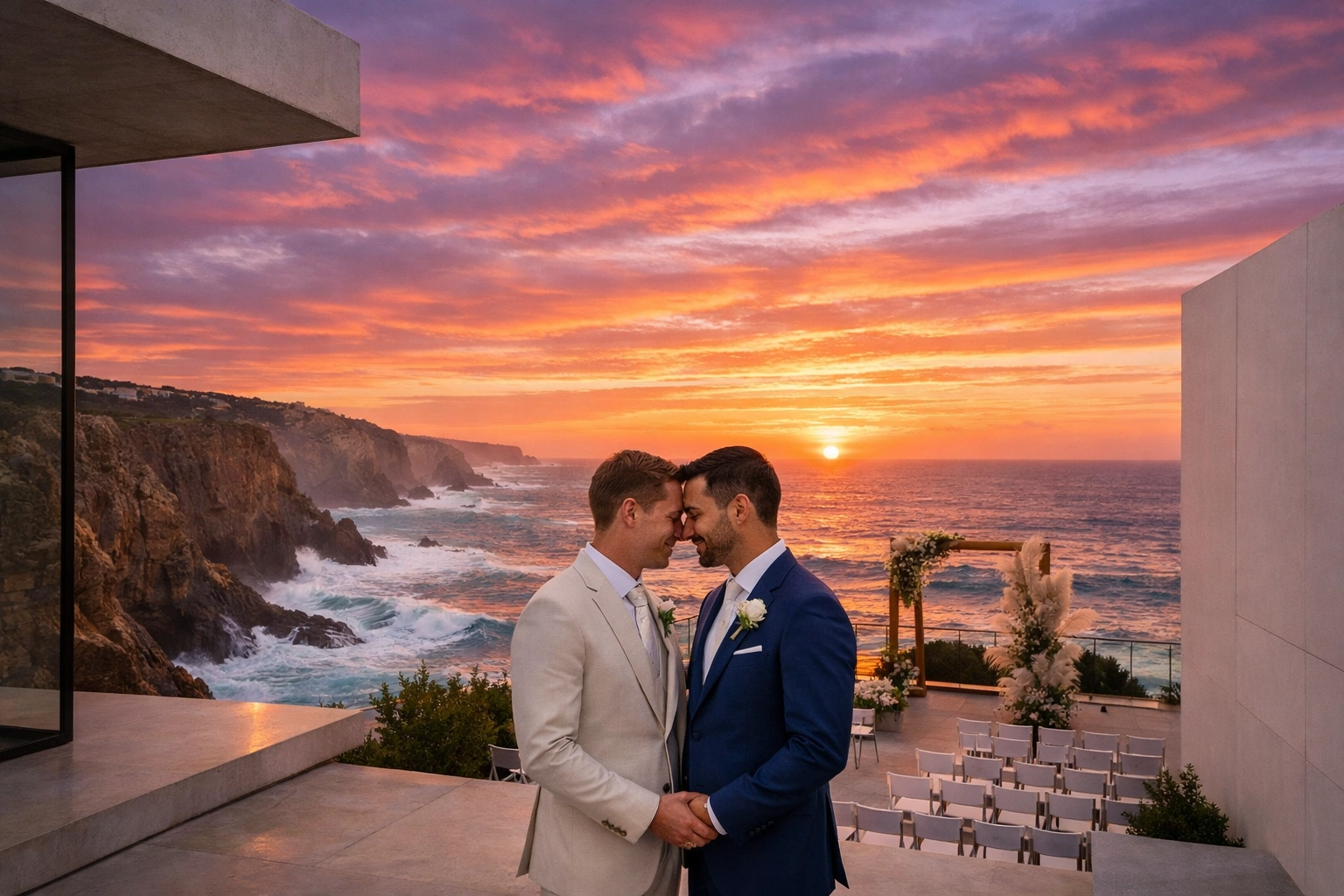 Same-sex couple at oceanfront wedding venue in Cascais Portugal at golden hour