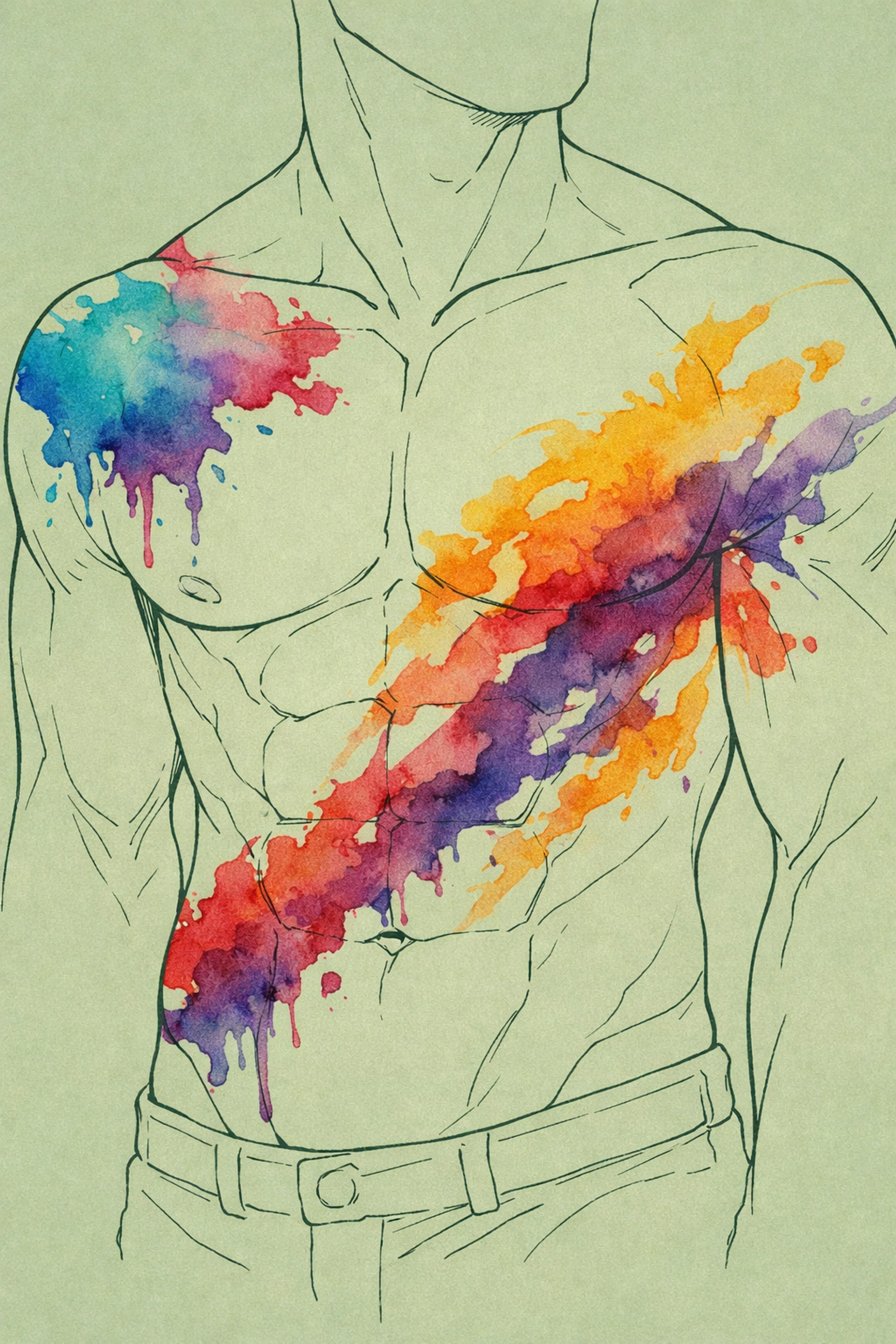 Abstract watercolor tattoos flowing across muscular male torso in blues purples and golds