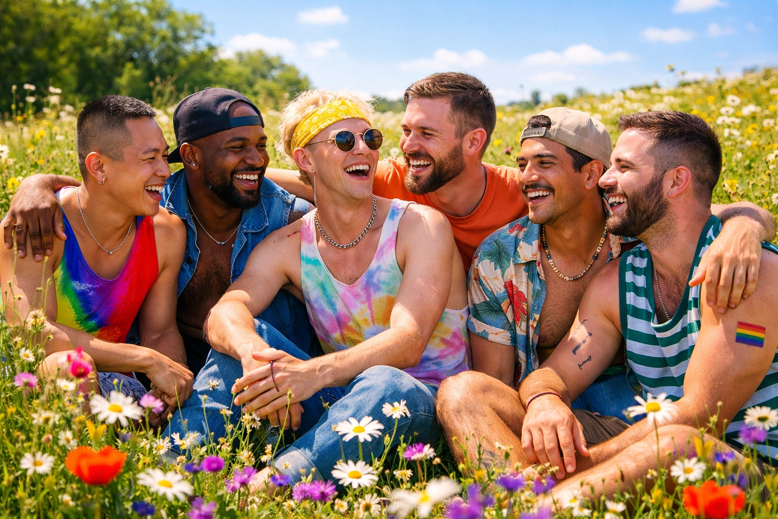 A diverse group of LGBTQ+ friends connecting in nature, showing the importance of queer representation.