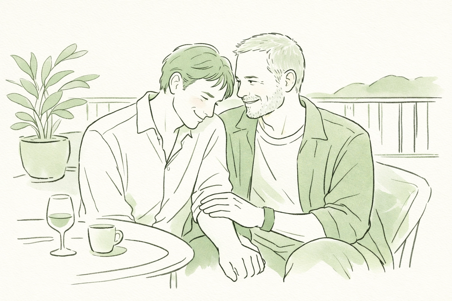 Illustration of two mature men sharing a romantic moment, depicting a second adolescence after coming out later.