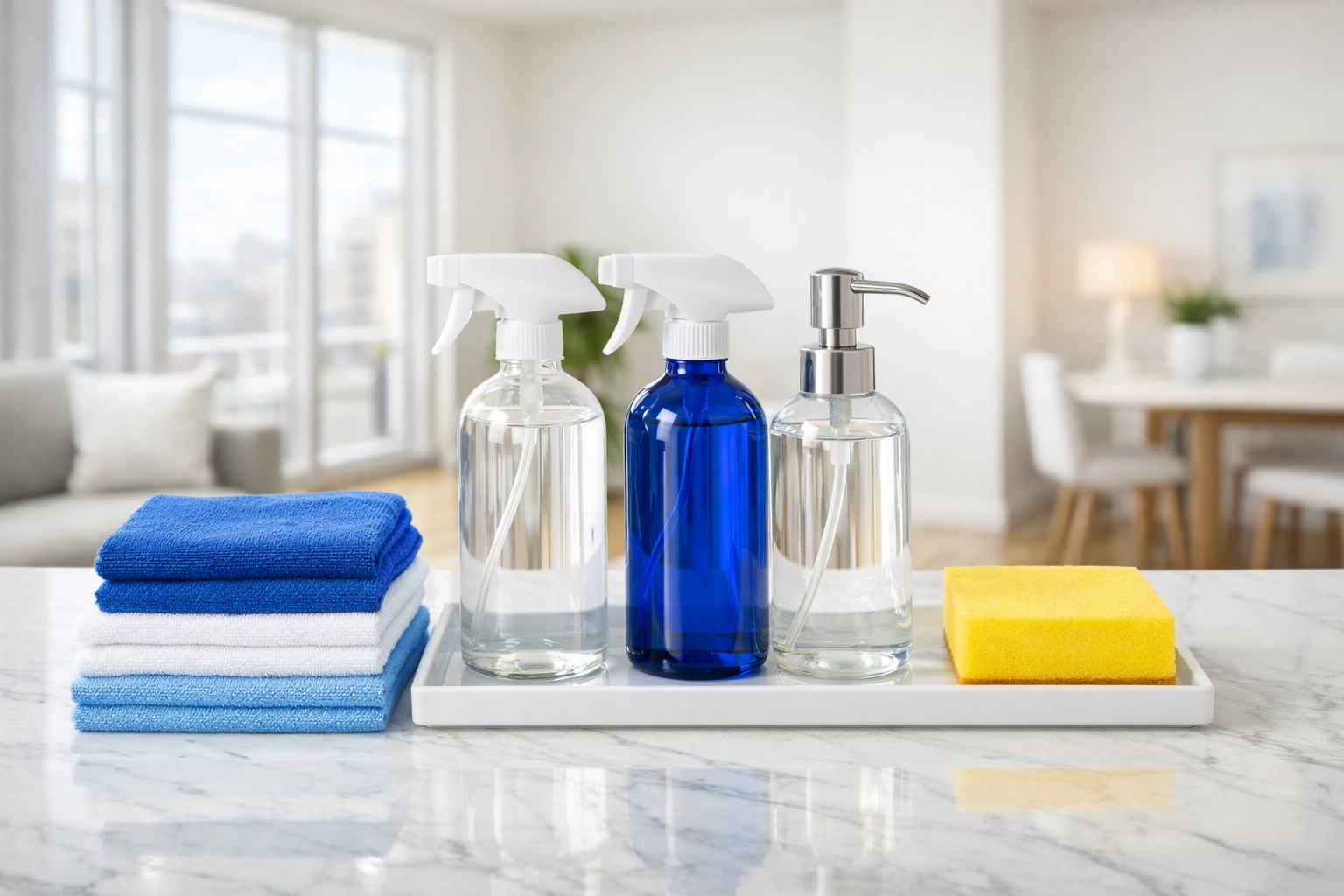 Organized professional cleaning supplies for move-out cleaning Worcester in a modern apartment.