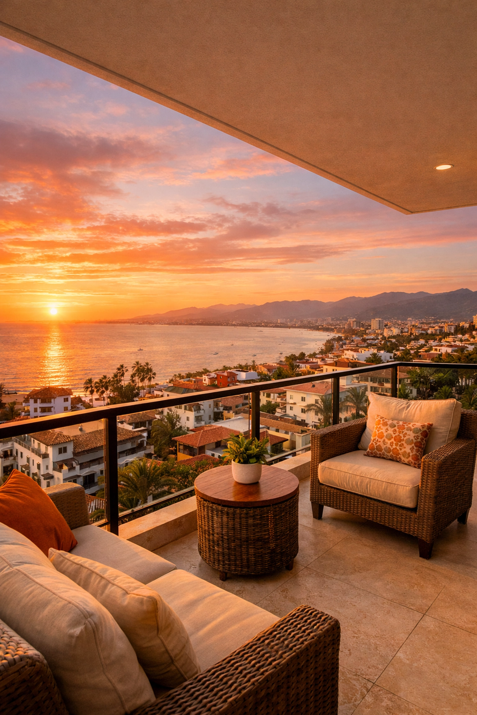 Puerto Vallarta condo balcony overlooking Zona Romántica and Banderas Bay at sunset