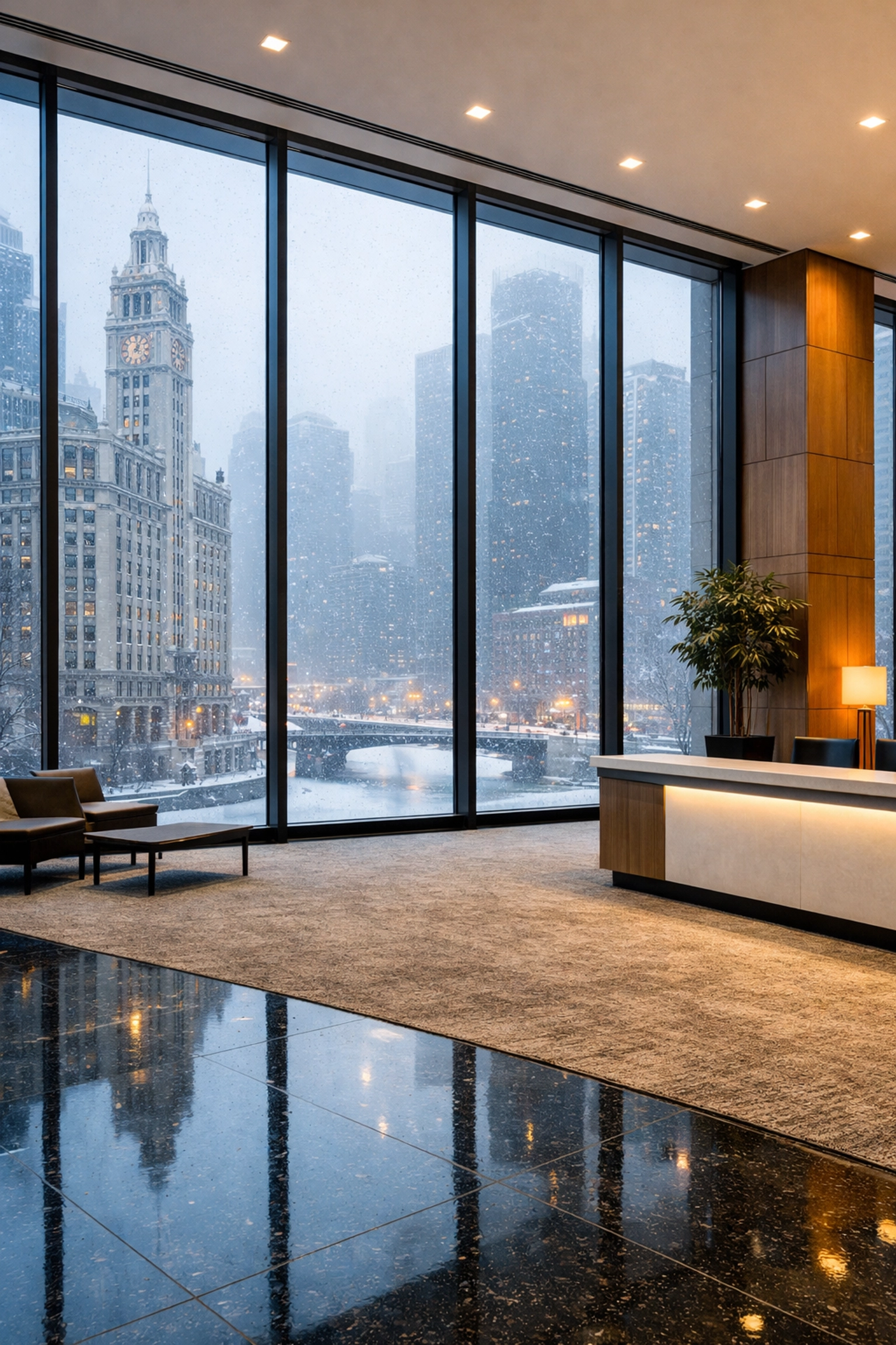 Clean Chicago office lobby floors protected from winter snow and salt slush.