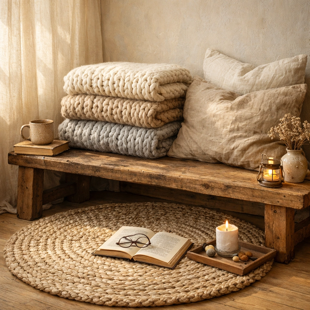 Cozy reading nook featuring a textured jute rug and artisan linen pillows in earthy tones.