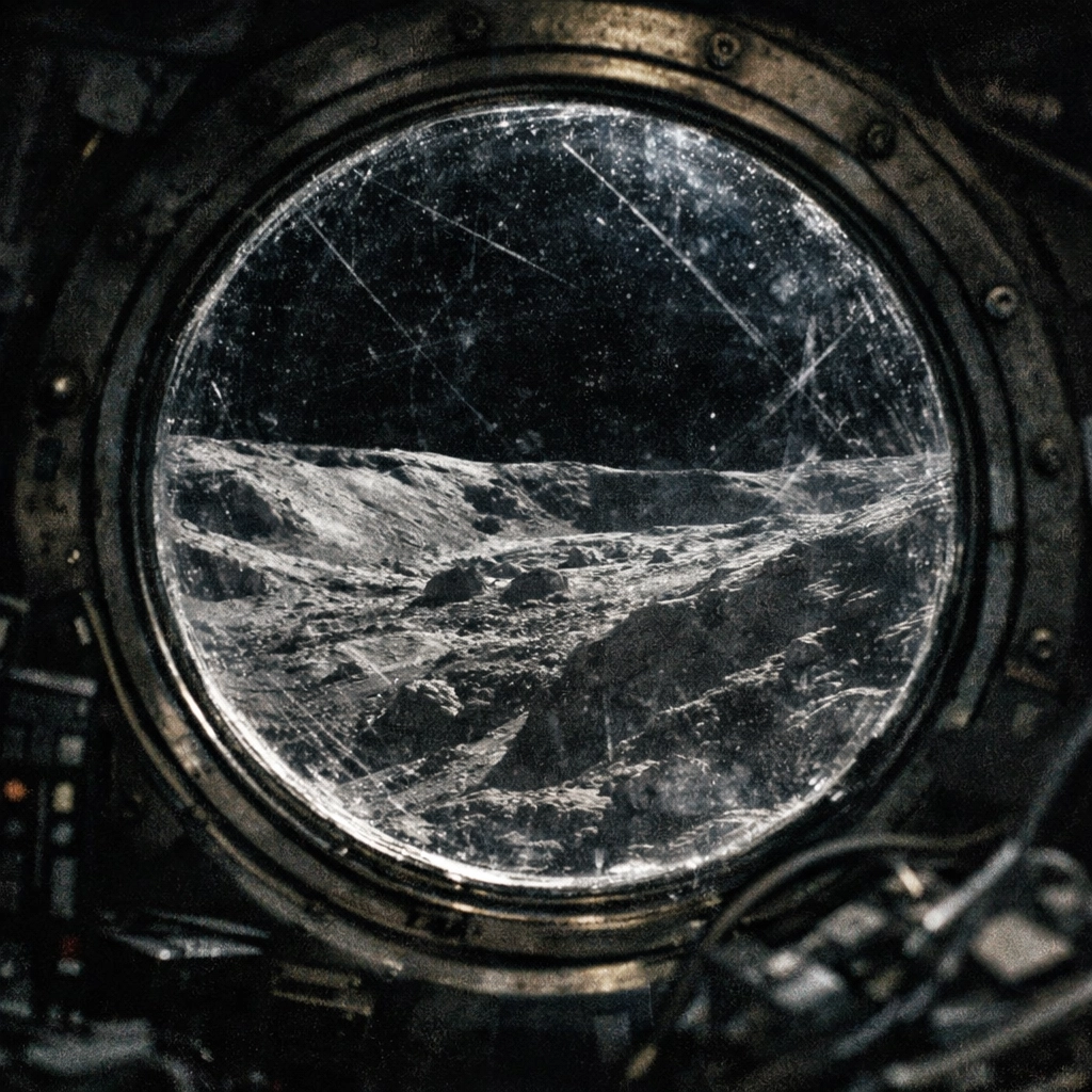 Artemis II astronauts' view of the cratered lunar far side through an Orion spacecraft window.