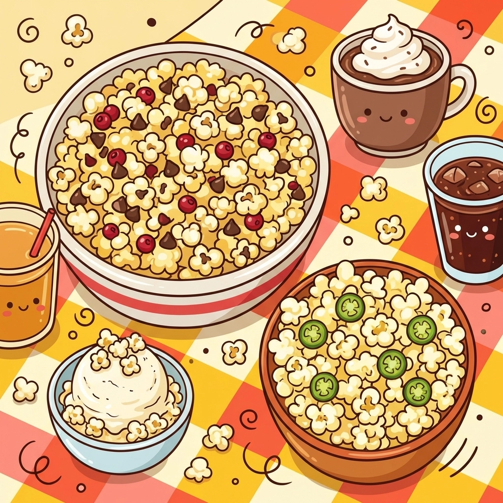 Creative cartoon snack spread with bowls of kettle corn, buttery popcorn, toppings, and drinks, showcasing unique popcorn serving ideas for movie night.