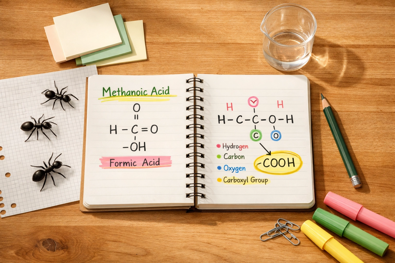 Chemistry study notes featuring methanoic acid molecular structures with toy ants on desk