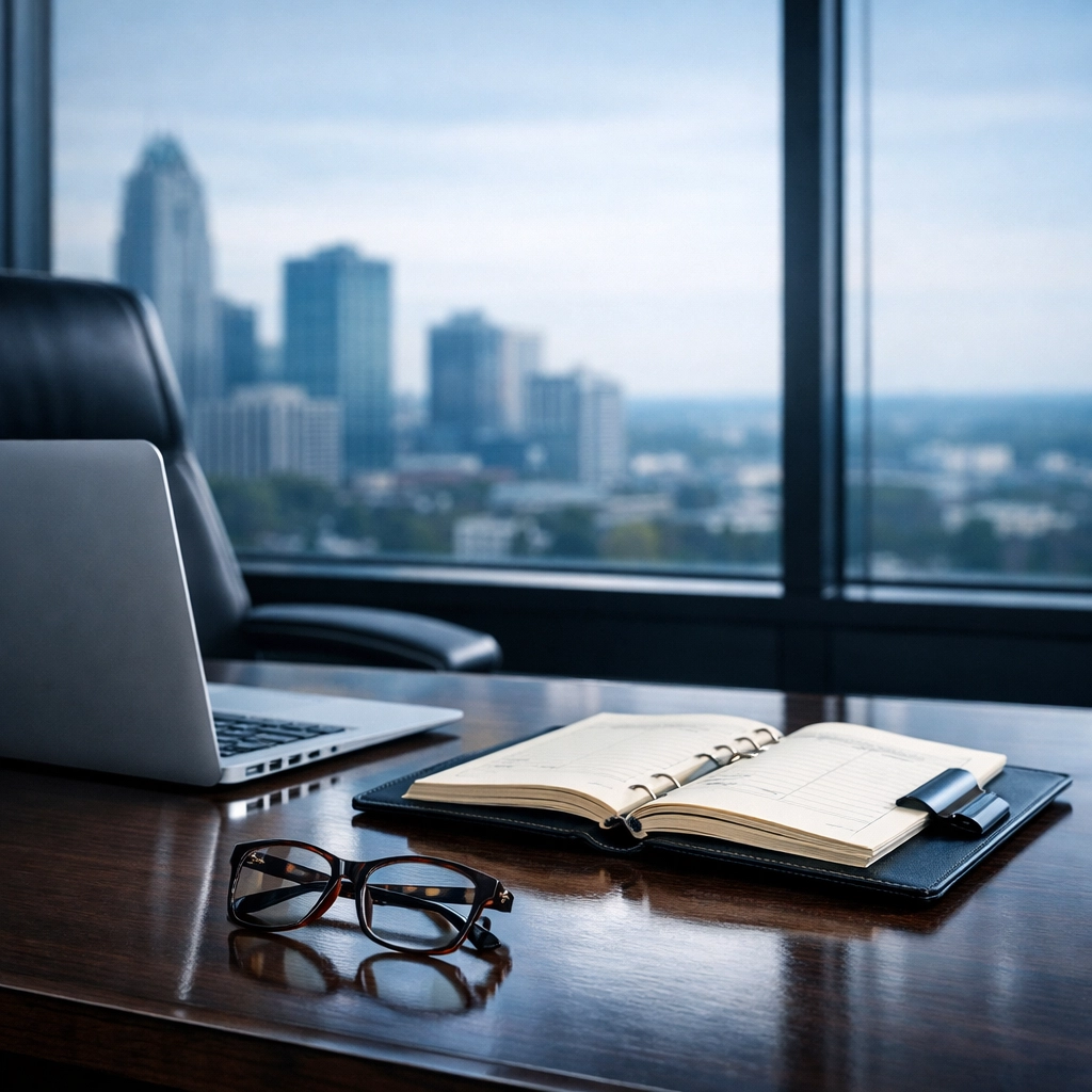 Executive desk with planner representing business valuation for exit planning in North Carolina.