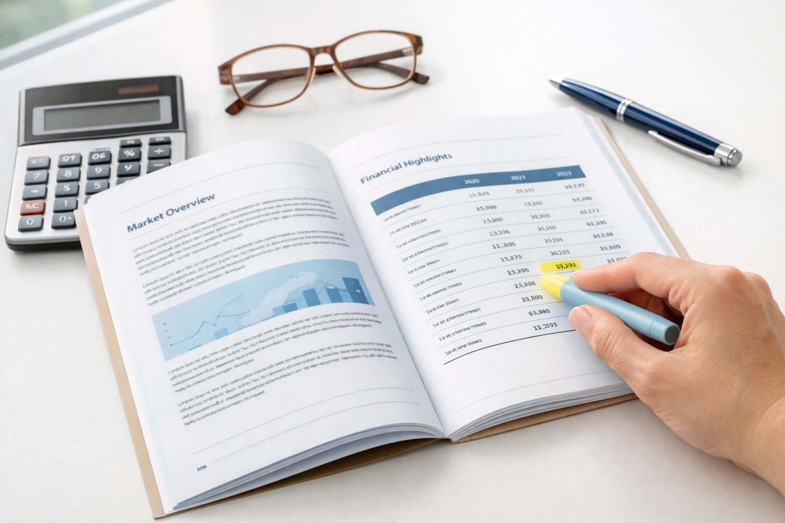 Financial advisor reviewing annuity documents and fees with calculator and highlighter