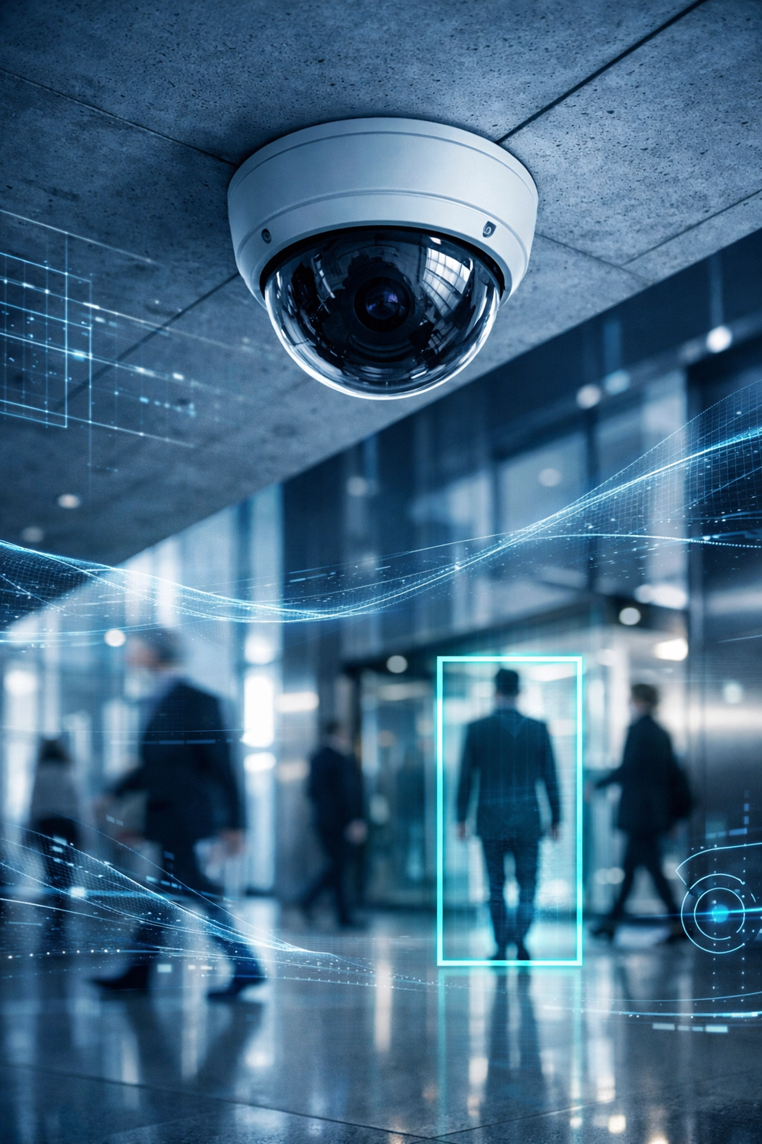 Modern security camera using AI behavioral detection to identify movement and threats in a corporate lobby.